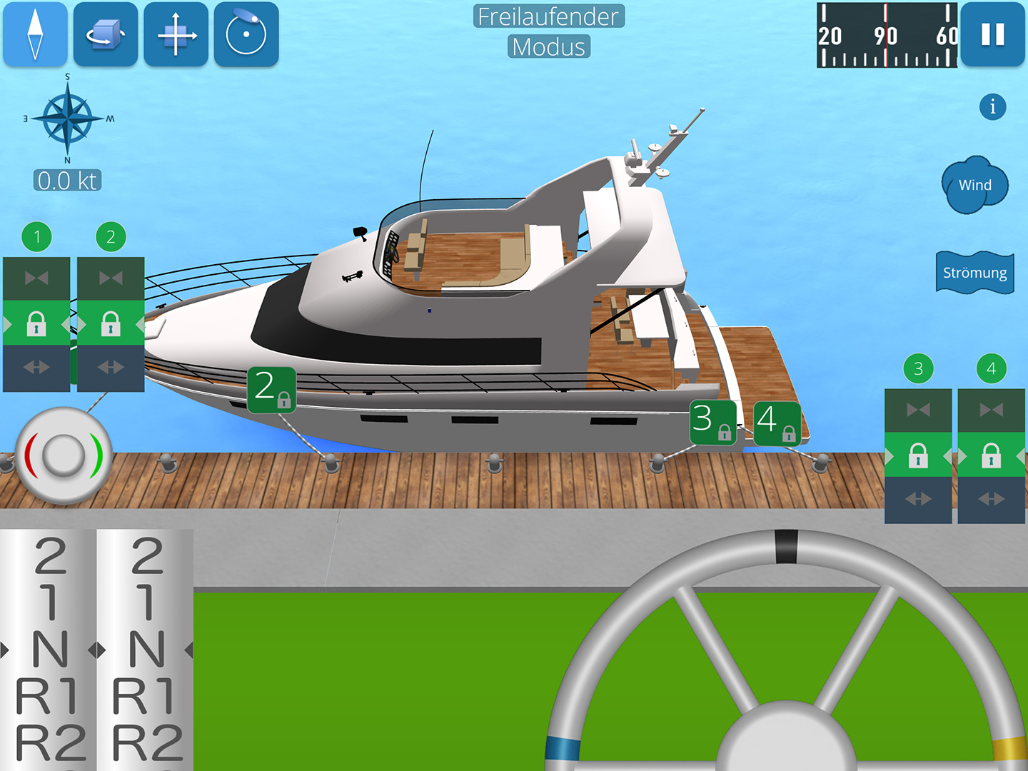 Screenshot zeigt Motoryacht mit Leinen am Pier festgemacht