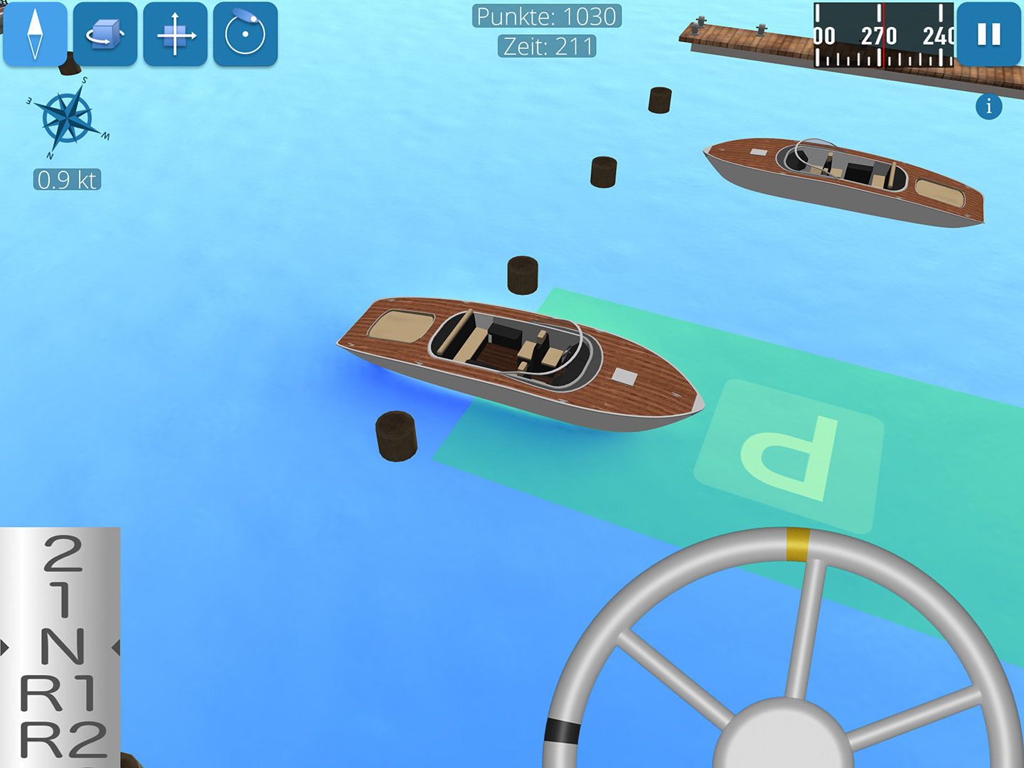 Screenshot zeigt Motorboot beim Einparken in der Box