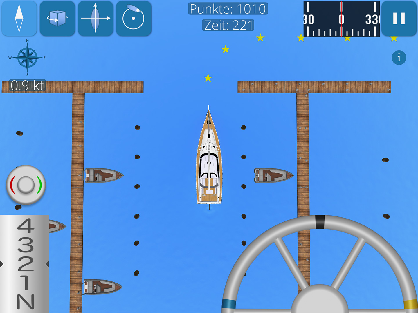 Screenshot zeigt Segelyacht bei Hafenmanövern